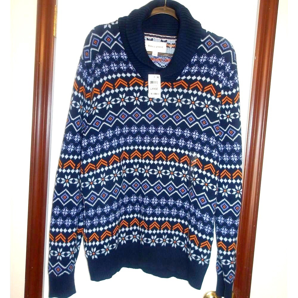 Sun + Stone Fair Isle Nordic Sweater Winter Holiday Snowflake Pattern Large‎